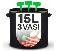 Sacchi per Piante 15L in Tessuto non Tessuto - 3 Vasi per Piante da Esterno con Cartellini per Etichettare - Con Manici - Per Erbe, Fiori, Fragole