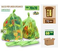 Sacchi per Raccolta Umido Organico, Compostabili Biodegradabili | cm 70x70 (70 litri) Scatola da 60 pezzi