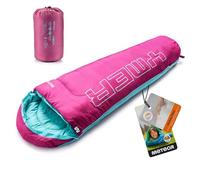 meteor Sacco a Pelo Mummia Ideale per Bambini - Campeggio Viaggio Escursioni Trekking Albergo Treno - leggero Compatto Confortevole con Sacco a Compressione YMER ((130 + 25) x 60/40 cm, Viola/menta)