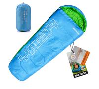 meteor Sacco a Pelo Mummia Ideale per Bambini - Campeggio Viaggio Escursioni Trekking Albergo Treno - leggero Compatto Confortevole con Sacco a Compressione YMER ((130 + 25) x 60/40 cm, Blu/verde)