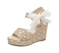 SACFOF Sandali da donna con zeppa espadrillas Peep Toe piattaforma cinturino alla caviglia pizzo fiocco tacchi alti estivi casual spiaggia sandali