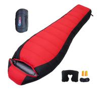 Saco Dormir 90% Plumón de Pato Blanco -5℉-50℉ Impermeable Compacto, Saco Sabana de Dormir Almohada de viaje incluida, Ideal para Camping,red-1200g