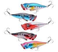 Sacolin 5 esche da pesca popper, kit per acqua salata, esche dure Topwater da 10,9 cm, 12,8 g con ganci tripli, occhi, esche artificiali vivaci per spigola, trota, salmone