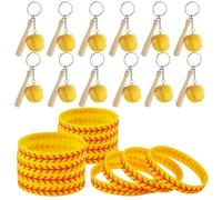 Sacolin Portachiavi in legno con mazza da baseball, mini 12 portachiavi sportivi con bracciali, 12 pezzi