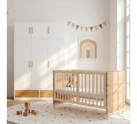 SACOOL Armadio a 3 ante + letto a sbalzo, set di mobili per la cameretta dei bambini, armadio autoportante con armadietto, 120 x 50 x 180 cm, lettino 70 x 140 x 87 cm, legno naturale