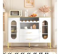 SACOOL Credenza bianca, frontale in vetro e scaffale per vino, credenza per sala da pranzo e soggiorno, base regolabile, molto spazio e design moderno