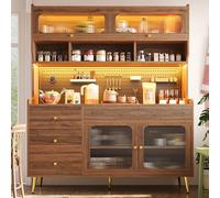 SACOOL Credenza moderna con illuminazione a LED e app, armadietto alto sottile per cucina e soggiorno, elegante armadietto con parete forata, ripiani in vetro 145 x 39 x 171 cm, colore noce