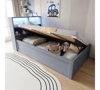 SACOOL Divano letto 90 x 200 cm con presa multipla multipresa multipla striscia luminosa idraulica, letto in legno massiccio, letto singolo, multifunzionale, colore: grigio