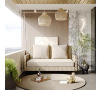SACOOL Dondolo Hollywood, 2 posti, altalena da giardino per esterni, in rattan beige, con cuscino per seduta e cuscino per schiena, rimovibile e lavabile