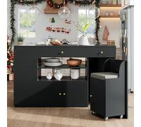 SACOOL Isola da cucina, credenza con sgabelli da bar, armadio da cucina con 6 cassetti e sgabelli, larghezza regolabile 140 x 40 (70) x 89 cm, bianco/nero
