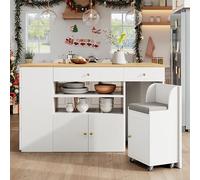 SACOOL Isola da cucina, credenza con sgabelli da bar, armadio da cucina con 6 cassetti e sgabelli, larghezza regolabile 140 x 40 (70) x 89 cm, bianco/nero