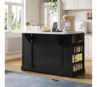 SACOOL Isola da cucina da 138 cm, con piano di lavoro pieghevole, ruote silenziose, ripiani regolabili, cassetto estraibile, piano di lavoro in marmo nero