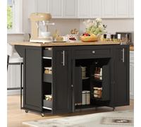 SACOOL Isola da cucina mobile, piano di lavoro pieghevole, 3 cassetti, 2 ripiani per porta, ruote bloccabili, 120 × 45 (70) × 87 cm, nero e naturale
