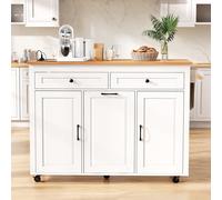 SACOOL Isola della cucina con piano di lavoro e vano contenitore per rifiuti + zona pranzo allungabile su ruote, isola da cucina mobile autoportante con prese, ideale per cucina e sala da pranzo