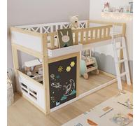 SACOOL Lettino a soppalco, 90 x 200 cm, con una piccola lavagna da dipingere, con scatola portaoggetti, ringhiera di sicurezza, spazio sotto il letto, in pino + MDF, bianco e naturale