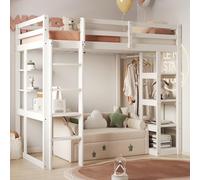 SACOOL Lettino a soppalco per bambini in legno massello 90 x 200 cm con scala, tavolo, mensole, semplici grucce per bambini, letto singolo, bianco