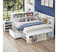 SACOOL Lettino multifunzione 140 x 190 cm con cassetti e ripiani, ampio spazio di archiviazione, rete a doghe, materasso non incluso, bianco.