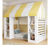 SACOOL Lettino per bambini, stile rustico, 90 x 200 cm, letto a baldacchino, spazio frontale aperto, telaio in legno, bianco