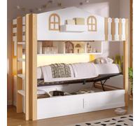 SACOOL Letto a castello, 90 x 200 cm, design a casa, stoccaggio idraulico, vano portaoggetti, posizione scala opzionale, bianco + naturale, bianco + rovere