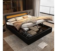 SACOOL Letto a LED imbottito 140 x 190 cm con rete a doghe e vano portaoggetti, testiera illuminata, nero, testiera e similpelle