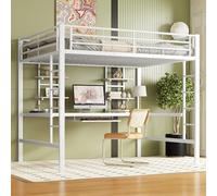 SACOOL Letto a soppalco 140 x 200 cm, in metallo, letto in ferro con scrivania e due librerie, per bambini, ragazzi e adulti, bianco