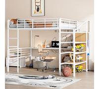 SACOOL Letto a soppalco 140 x 200 cm, senza materasso, scrivania, armadio aperto, scala a gradini per la conservazione, telaio in ferro bianco