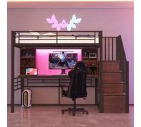 SACOOL Letto a soppalco 90 x 200 cm, con ripiano, scrivania, presa europea e illuminazione a LED, scala integrata (montaggio a sinistra/destra), alta griglia di protezione, letto singolo, telaio in