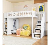 SACOOL Letto a soppalco, 90 x 200 cm, scala portaoggetti, scaffali, armadietto pieghevole, spazio libero sotto il letto per travestimento, ringhiera a forma di amore, senza materasso, bianco