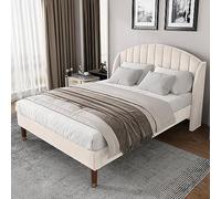 SACOOL Letto imbottito 140 x 190 con rete a doghe e testiera, letto per ragazzi, letto singolo, supporto doghe in legno, facile da montare, velluto, beige