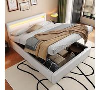 SACOOL Letto imbottito a LED, 140 x 190 cm, con rete a doghe e vano portaoggetti, con testiera illuminata, colore: bianco, testiera e similpelle