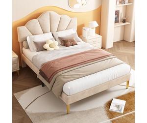 SACOOL Letto imbottito in velluto, 140 x 190 cm, letto matrimoniale, letto a conchiglia con piedini in ferro dorato, testiera regolabile in altezza, rete a doghe in legno, beige