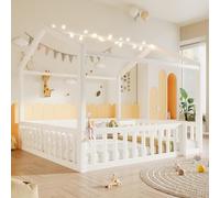 SACOOL Letto piano, 90 x 190 cm x 2/180 x 190 cm, lettino con griglia, con perline LED, listello in legno di pino, senza materasso, stile minimalista, perline LED, bianco