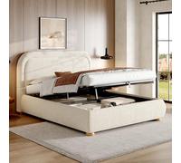 SACOOL Lit capitonné, doppio strato, 140 x 190 cm, sommier à lates, tête de rembourrée, Tissu bouclé beige, réglable hydrauliquement, Avec Grand Espace de Rangement et tête rembourrée.