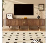 SACOOL Mobile TV in stile rustico, 175 cm, con porta scorrevole in rattan, effetto noce e molto spazio, tavolo per TV in MDF, con scomparti aperti, cassetti, armadio, design naturale