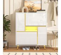 SACOOL Scarpiera moderna 80 x 25 x 96 cm, scarpiera bianca con parte anteriore lucida e luce LED a 16 colori