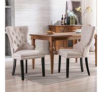 SACOOL Sedia da pranzo in lino con gambe in rovere, bottone, battente cromato e decorazione della testa delle unghie, sedia da cucina, soggiorno, sedia per il tempo libero (beige, 2 pezzi)