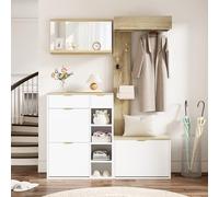 SACOOL Set di 4 appendiabiti da corridoio, con scarpiera, panca, specchio da parete e lavagna, set completo da parete con ripiano, elegante mobili da corridoio per ingresso, 130 x 30 x 174 cm, colore