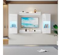 SACOOL Set di 4 mensole da parete a LED e 2 ripiani, illuminazione intelligente controllata da APP, finitura lucida e ante in vetro temperato, per soggiorno, compatibile con TV, set di armadi TV