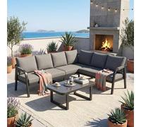 SACOOL Set di mobili da giardino angolari, può ospitare fino a 6 persone, braccioli e schienali intrecciati, tubi in acciaio zincato, con divano ad angolo e tavolino da caffè, colore: grigio