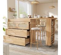 SACOOL Tavolo da bar con 6 cassetti e porte in rattan PE, girevole a 360° con dispositivo di sicurezza ribaltabile, molto spazio, maniglie in metallo, tavolo da bistrot per soggiorno, cucina, sala da
