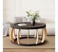 SACOOL Vintage Rattan Solid Wood Round Coffee Table, Curved Legs Boho Accent Table for Dining Room, Kitchen and Living Room, Black Brown, Nero Marrone