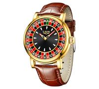 SACOSDING Orologio da uomo, unico stile roulette, al quarzo, analogico, 45 mm, in lega, impermeabile, luminoso, cinturino in pelle squisito e resistente, orologio da polso casual alla moda, Marrone e