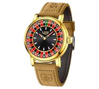 SACOSDING Orologio da uomo, unico stile roulette, al quarzo, analogico, 45 mm, in lega, impermeabile, luminoso, cinturino in pelle squisito e resistente, orologio da polso casual alla moda, Oro giallo