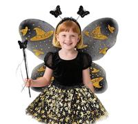 Sadodo Set di costumi da fata di Halloween per ragazze, ali di farfalla nere con cappello da strega, glitter oro, gonna tutù con teschio, fascia e bacchetta, regalo per feste di Halloween