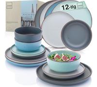 SÄNGER Bombay Sky Shades | Set di stoviglie da 12 pezzi, stoviglie in gres porcellanato per 4 persone, 4 piatti piani, 4 piatti da dessert, 4 ciotole, set di piatti colorati | Value Collection