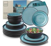 SÄNGER Granada - Set di stoviglie in gres, 18 pezzi, 6 piatti, 6 ciotole, 6 piatti da dessert, colore: blu con bordo nero antigraffio
