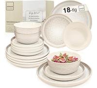 SÄNGER Key West | Set di stoviglie in gres porcellanato, 18 pezzi, piatti da 6 persone, 6 piatti piani, 6 ciotole per cereali, 6 piatti da dessert, servizio da tavola crema con venature sabbiose |