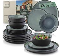 SÄNGER Malmö| Set di stoviglie in gres porcellanato, 18 pezzi, piatti da 6 persone, 6 piatti piani, 6 ciotole per cereali, 6 piatti da dessert, servizio da tavola verde scuro, antigraffio, stoviglie |