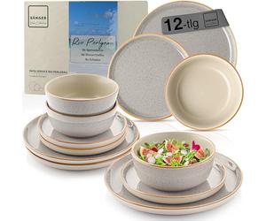 SÄNGER Rio - Servizio da tavola da 12 pezzi, in gres porcellanato, 4 piatti, 4 piatti piani, 4 piatti da dessert, 4 ciotole e ciotole, grigio | Value Collection