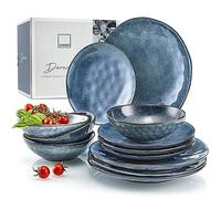 SÄNGER Servizio da tavola Darwin 12 pezzi, set di stoviglie in gres porcellanato per 4 persone, set di piatti in blu con piatto da dessert e piatto profondo, set di stoviglie fatto a mano | Collezione